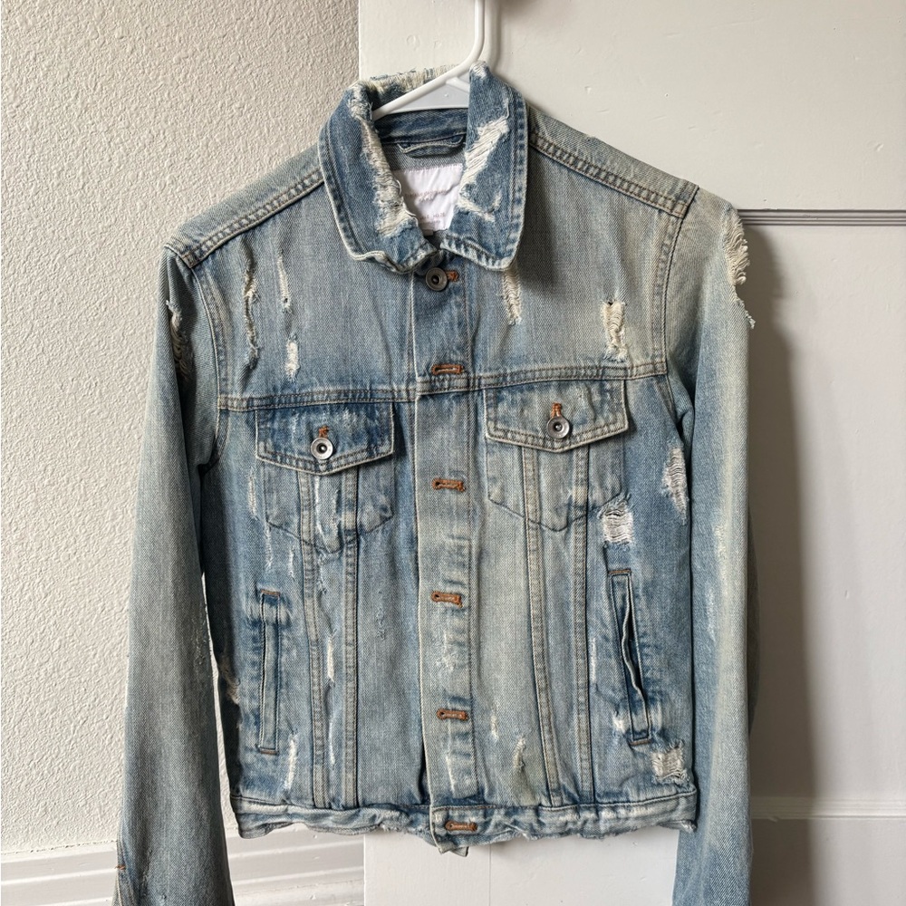 Zara Light Blue Distressed Denim Jacket with Patches